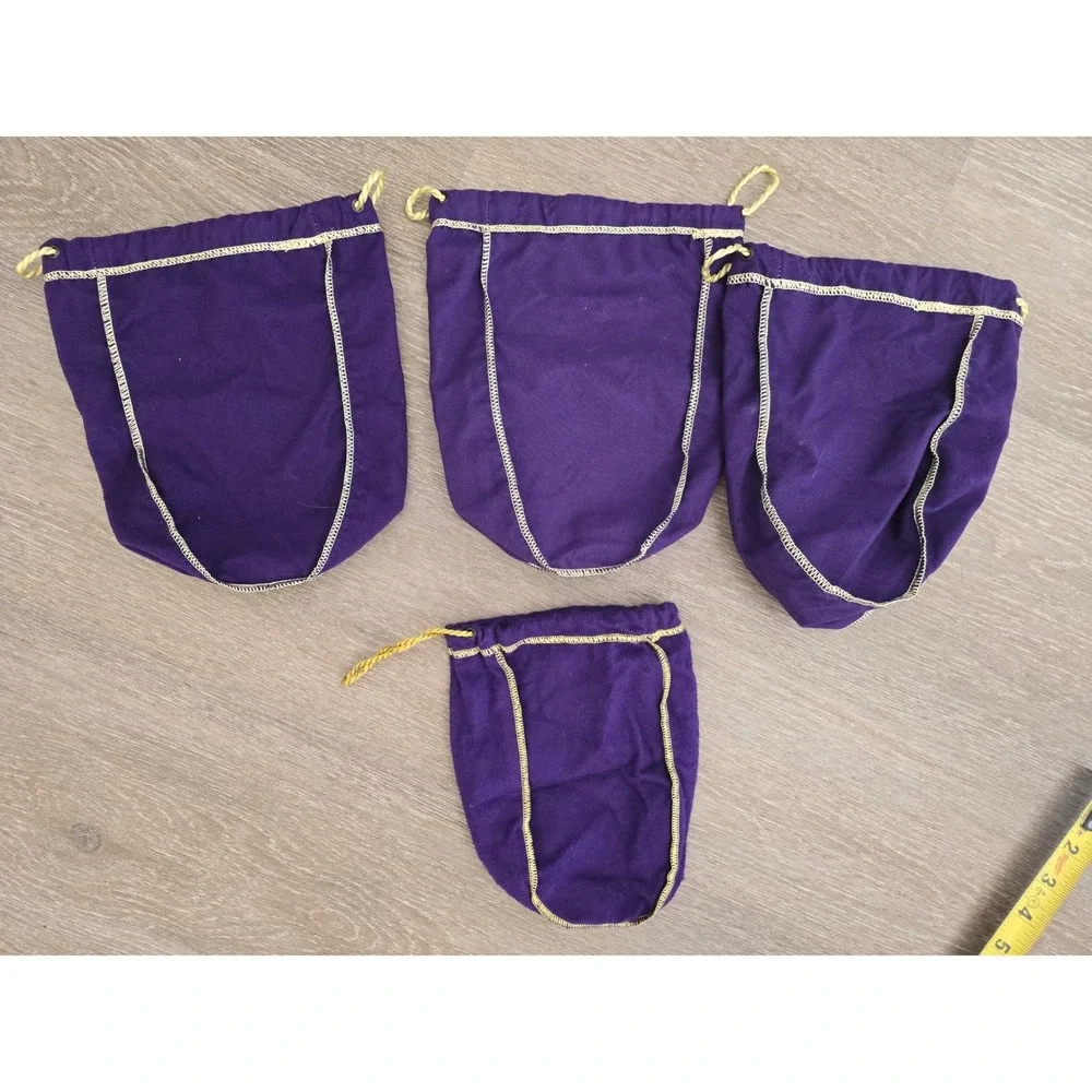 Crown Royale Purple Drawstring Bags Lot of 4 Mixed Sizes GoldEmbroidery Crafting